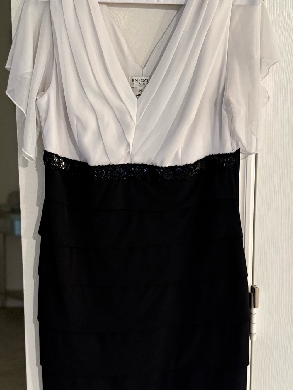Enfocus Studio White V-Neck Black Tiered Cocktail Dress with Waist Sparkle